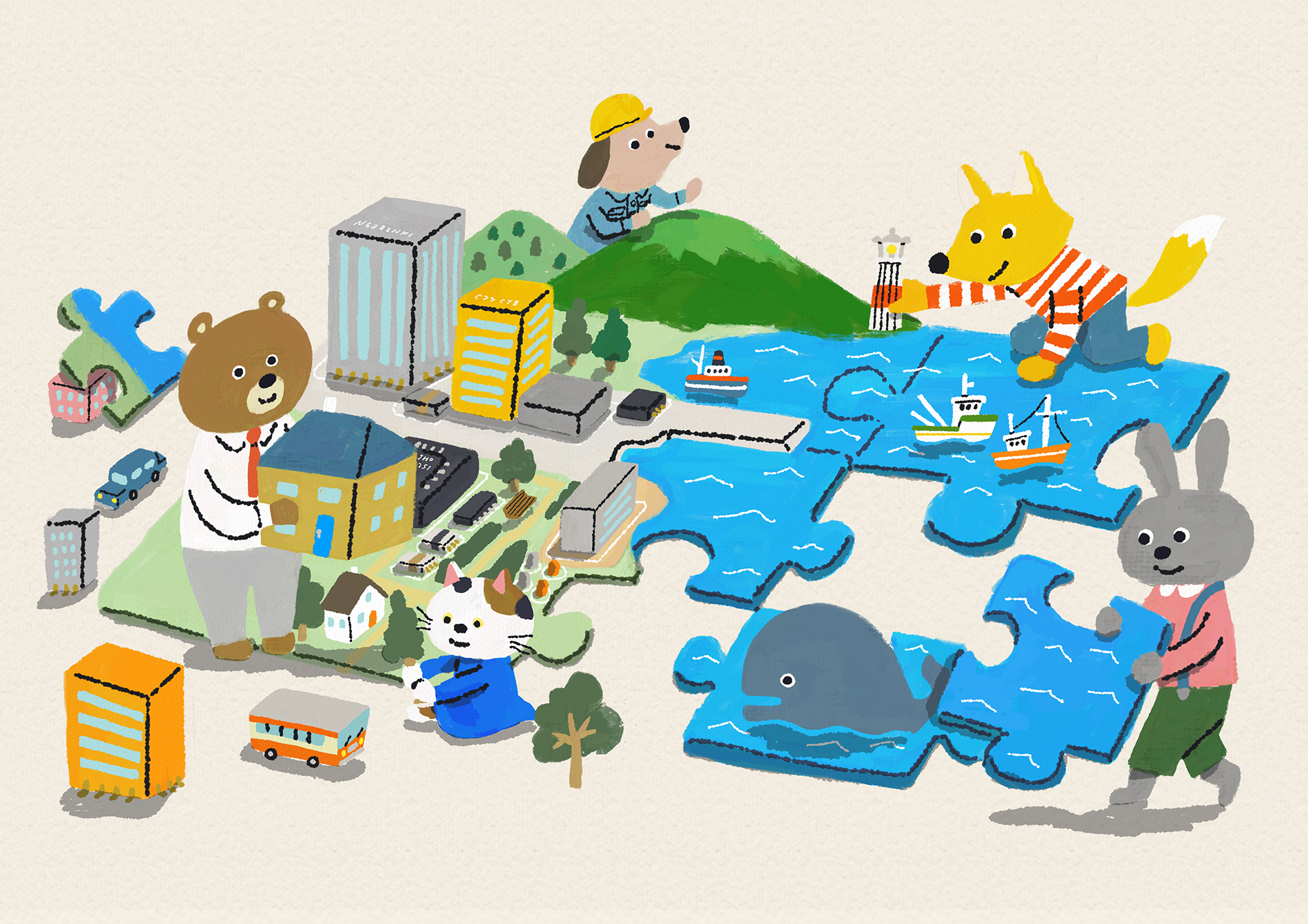 会社・街・海をパズルのピースでつなぐイラスト