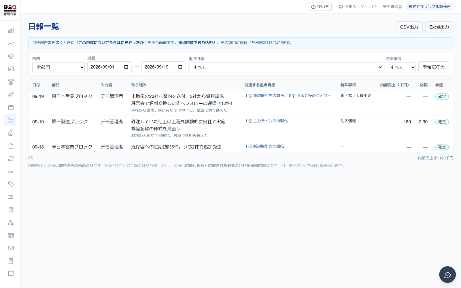 日報一覧 の操作画面