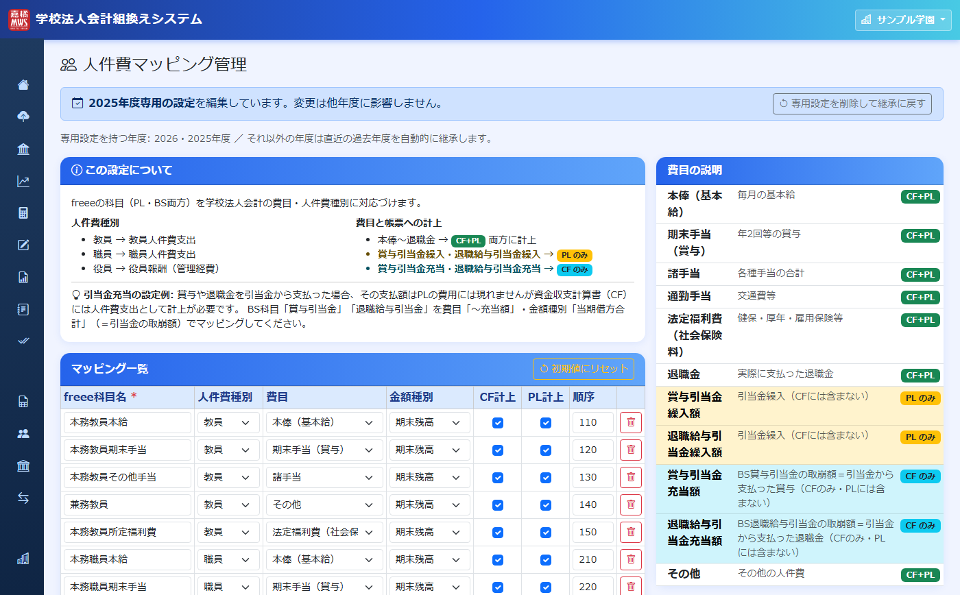 人件費マッピング管理 の操作画面